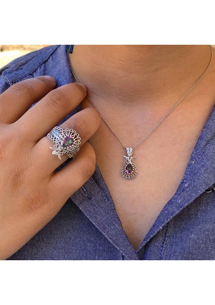 Mistik Topazı Taşlı Lale Model Telkari Gümüş Ikili Set