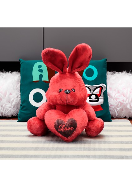 Kalp Tutan Tavşan Peluş 50cm Kırmızı