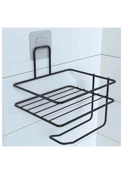 Kendiliğinden Yapışkanlı Tuvalet Kağıdı Tutacağı ve Yedek Raf - Siyah Modern Metal Tasarım