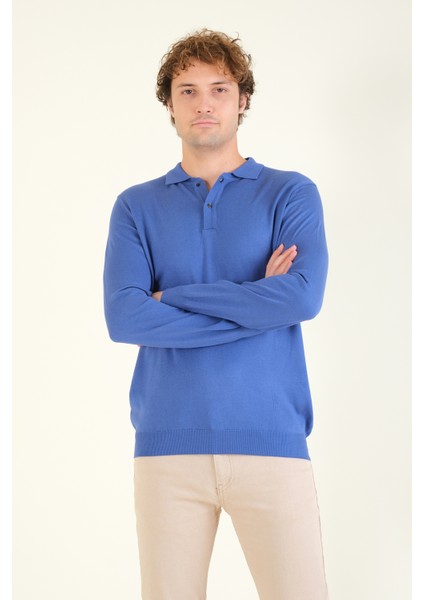 Erkek Düğmeli Polo Yaka Kazak Indigo
