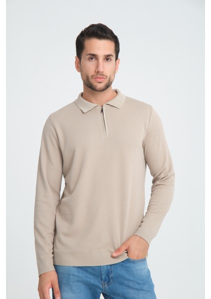 Luwero Erkek Diagonal Dokulu Jakar Slim Fit Polo Yaka Fermuarlı Triko Kazak