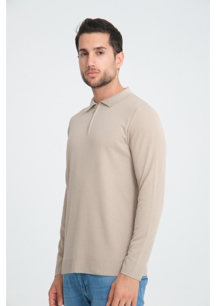 Luwero Erkek Diagonal Dokulu Jakar Slim Fit Polo Yaka Fermuarlı Triko Kazak modelleri