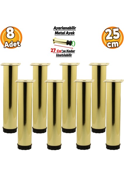 Ayarlanabilir Mobilya Kanepe Baza Koltuk Metal Destek Yükseltici Gold Ayağı Ayakları 25 cm 8 Adet