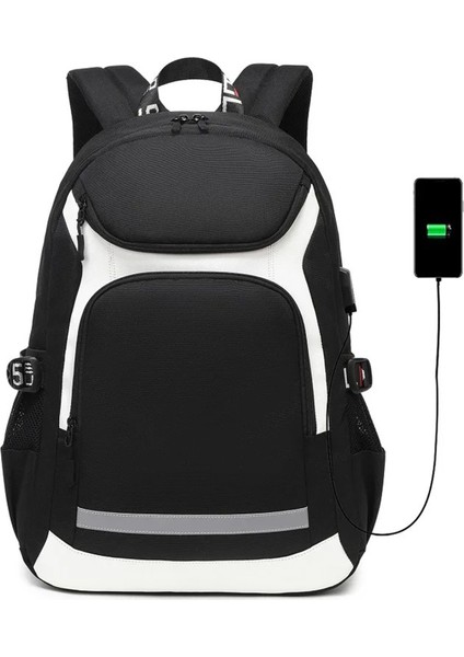 Laptop Bölmeli, USB Şarj Kablolu, Su Geçirmez Lise ve Günlük Kaliteli Sırt Çantası Siyah SRT6688