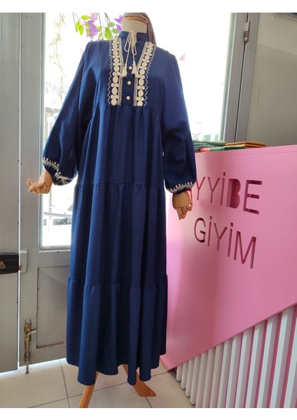 Keten Kumaş Çan Kesim Otantik Elbise