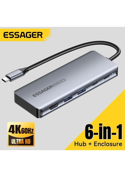 6'nın 1'i M.2 Nvme Ssd Fonksiyonlu CE/FC/ROHS Lisanslı Çoklayıcı Hub 10Gbps Type-C Pd 100W Type-C Usb3.2 Gen2 HDM 1.4 60Hz4K