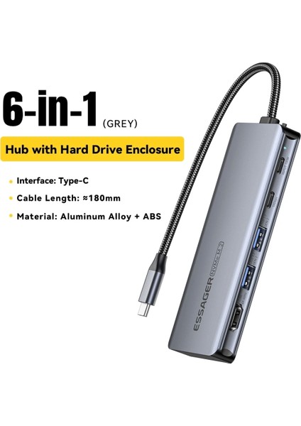 6'nın 1'i M.2 Nvme Ssd Fonksiyonlu CE/FC/ROHS Lisanslı Çoklayıcı Hub 10Gbps Type-C Pd 100W Type-C Usb3.2 Gen2 HDM 1.4 60Hz4K