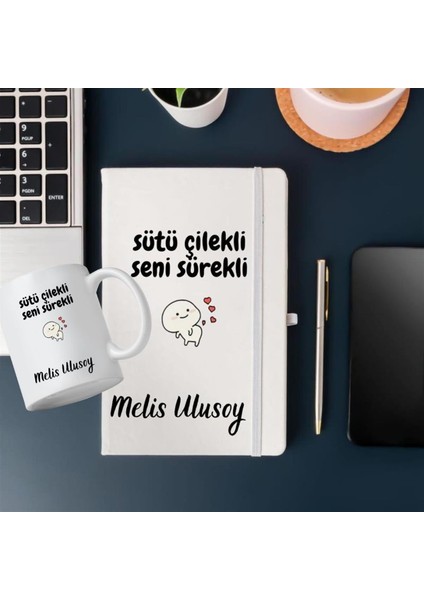 Hediye Vakti Kişiye Özel Sütü Çilekli Seni Sürekli Tasarımlı Bardak ve Deri Defter Hediye Seti