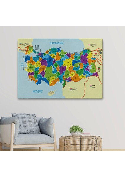 Türkiye Haritası Kanvas Tablo Il ve Ilçeli Ayrıntılı Eğitici Komşulu Tablo 3004