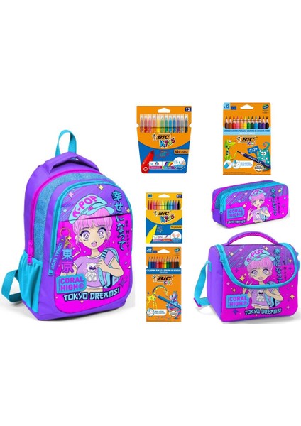 Coral Hıgh K-Pop Desenli Çanta ve Bıc Kıds Boya Tk.lı Kız Ilkokul Seti-7 Parçalı Set
