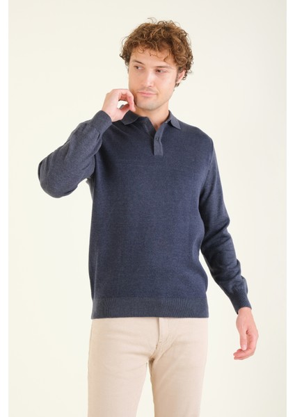 Erkek Desenli Polo Yaka Kazak Indigo