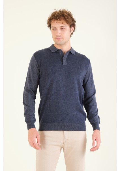 Erkek Desenli Polo Yaka Kazak Indigo