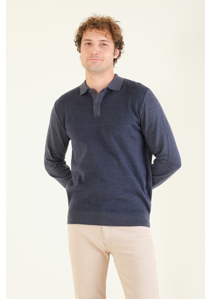 Erkek Desenli Polo Yaka Kazak Indigo