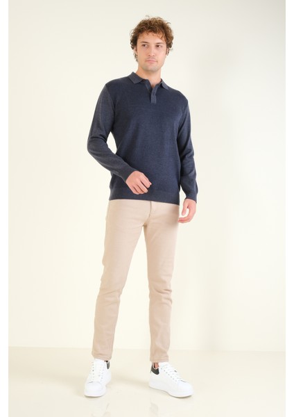 Erkek Desenli Polo Yaka Kazak Indigo