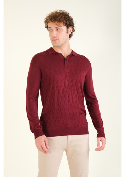 Erkek Baklava Desenli Polo Yaka Merserize Kazak Bordo