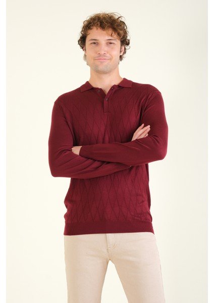 Erkek Baklava Desenli Polo Yaka Merserize Kazak Bordo fiyatları