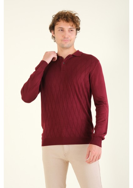 Erkek Baklava Desenli Polo Yaka Merserize Kazak Bordo modelleri