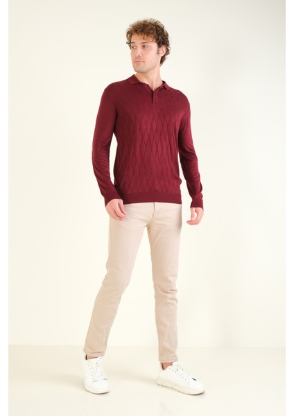 Erkek Baklava Desenli Polo Yaka Merserize Kazak Bordo indirimleri
