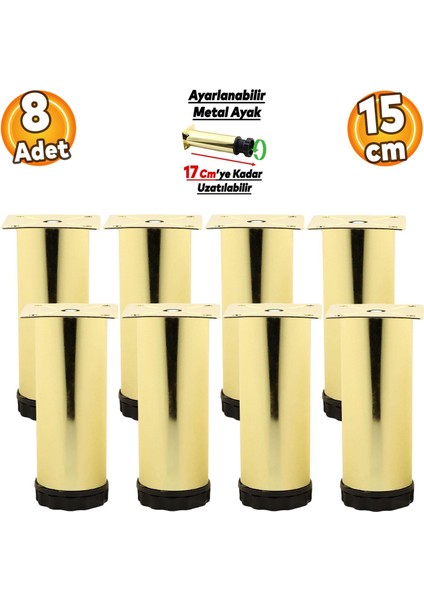 Ayarlanabilir Mobilya Kanepe Baza Koltuk Metal Destek Yükseltici Ayağı 15 cm Gold Ayakları 8 Adet