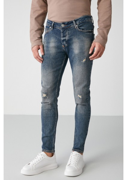 Faır Erkek Yıpratmalı Skınny Kalıplı Kalın Dokulu Esnek Lacivert Jeans