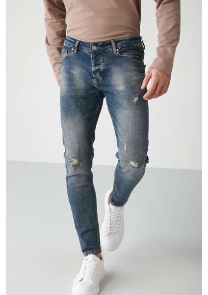 Faır Erkek Yıpratmalı Skınny Kalıplı Kalın Dokulu Esnek Lacivert Jeans
