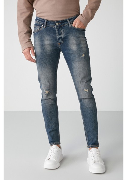 Faır Erkek Yıpratmalı Skınny Kalıplı Kalın Dokulu Esnek Lacivert Jeans