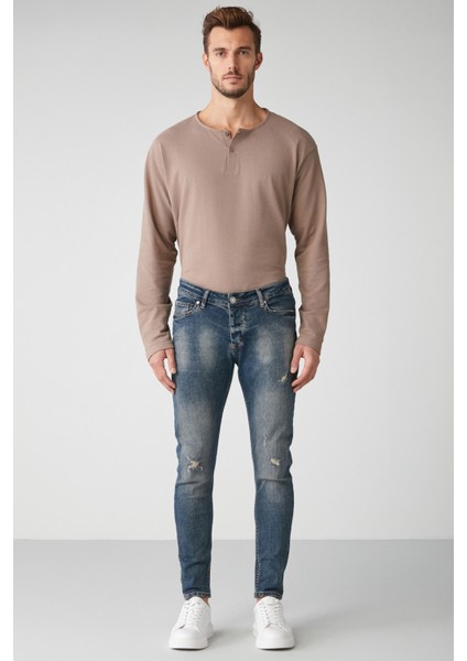 Faır Erkek Yıpratmalı Skınny Kalıplı Kalın Dokulu Esnek Lacivert Jeans