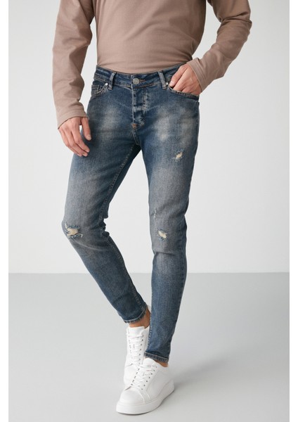 Faır Erkek Yıpratmalı Skınny Kalıplı Kalın Dokulu Esnek Lacivert Jeans