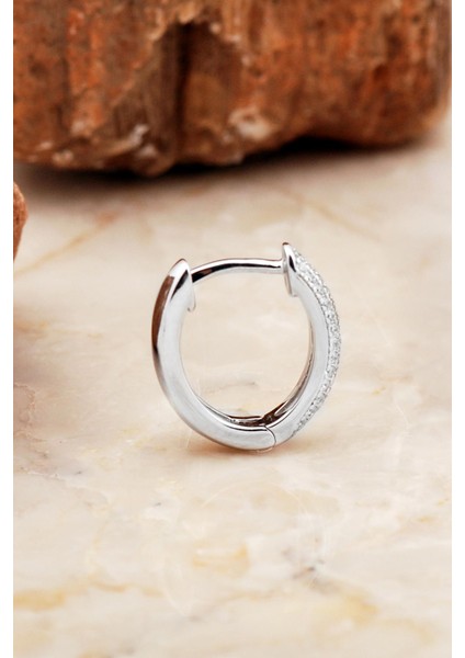 Yarımtur 14 mm Rodyumlu Taşlı Gümüş Halka Küpe 6967 modelleri