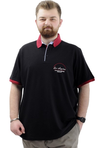 Büyük Beden Erkek Tişört Polo Yaka Nakışlı Los Angeles U24331 Siyah