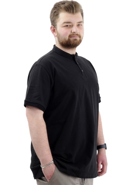 Büyük Beden Erkek Tişört Düğmeli Hakim Yaka T-Shirt U24339 Siyah modelleri