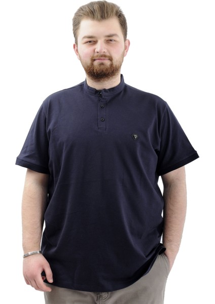 Büyük Beden Erkek Tişört Düğmeli Hakim Yaka T-Shirt U24339 Lacivert