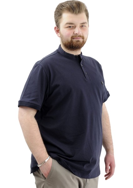 Büyük Beden Erkek Tişört Düğmeli Hakim Yaka T-Shirt U24339 Lacivert modelleri