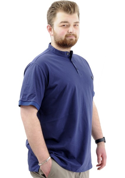 Büyük Beden Erkek Tişört Düğmeli Hakim Yaka T-Shirt U24339 Indigo modelleri
