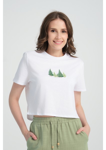 Crop Pine Forest %100 Pamuk Nakışlı T-Shirt Beyaz