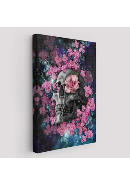 Iskelet Kafa ve Pembe Çiçekler Kanvas Tablo Duvar SANATI-5234