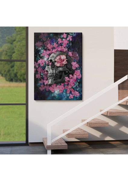 Iskelet Kafa ve Pembe Çiçekler Kanvas Tablo Duvar SANATI-5234