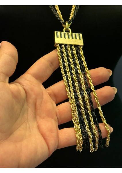 Siyah Sarı Zincirli Çelik Kadın Püsküllü Kolye Boy 33 cm