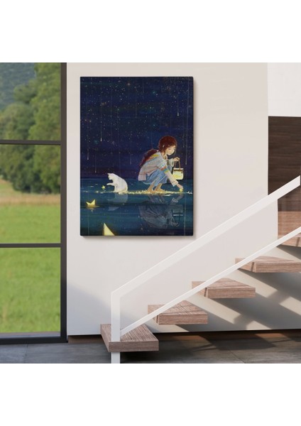 Yıldız Toplayan Kız ve Kedi Dekoratif Duvar TABLOSU-6129