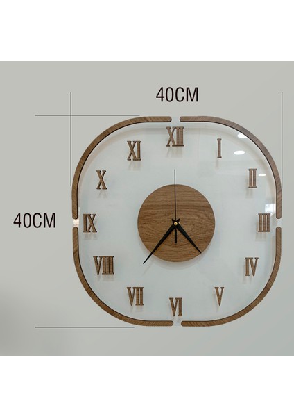 Şeffaf Lüx Ahşap Detaylı Duvar Saati Kare Roma Rakamlı