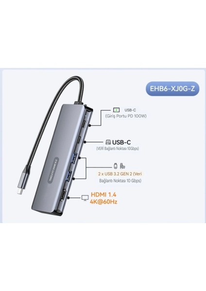 6'nın 1'i M.2 Nvme Ssd Fonksiyonlu CE/FC/ROHS Lisanslı Çoklayıcı Hub 10Gbps Type-C Pd 100W Type-C Usb3.2 Gen2 HDM 1.4 60Hz4K