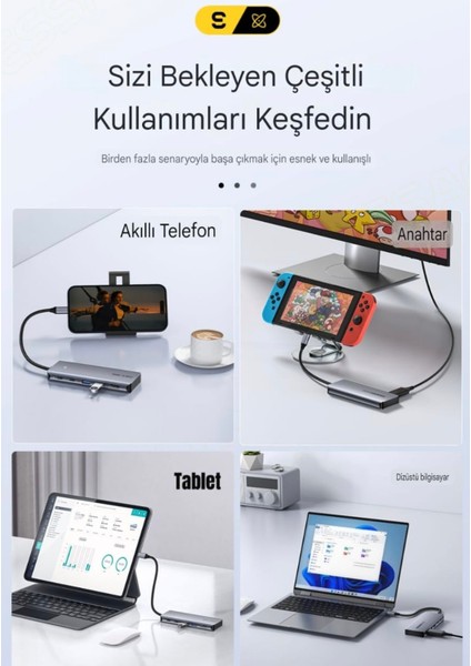 6'nın 1'i M.2 Nvme Ssd Fonksiyonlu CE/FC/ROHS Lisanslı Çoklayıcı Hub 10Gbps Type-C Pd 100W Type-C Usb3.2 Gen2 HDM 1.4 60Hz4K