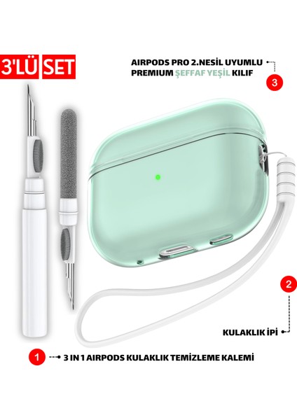 Pro 2.nesil Uyumlu Şeffaf Yeşil Kulaklık Kılıfı, Kulaklık Ipi ve 3'ü 1 Arada Temizleme Kalemi Seti