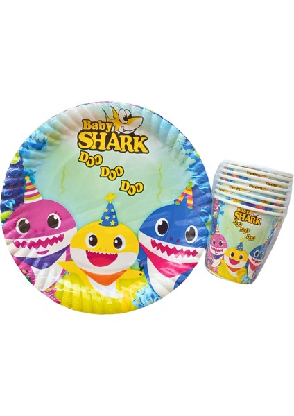 Ngüzel Party Baby Shark Temalı Doğum Günü 8 Adet Karton Tabak + 8 Adet Karton Bardak Seti