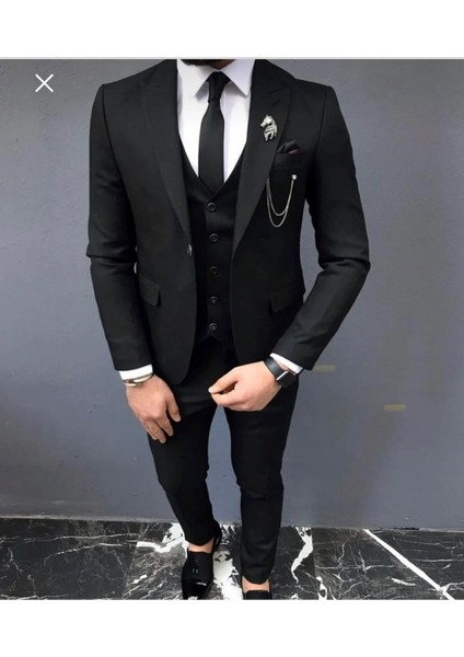 Battal Büyük Beden Yelekli SİYAH Takım Elbise