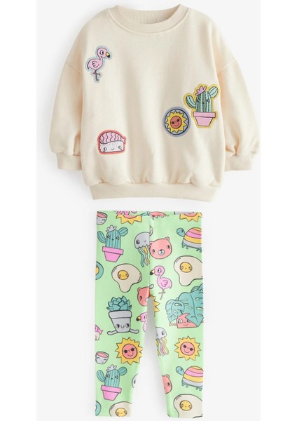 Yeni Sezon Kız Çocuk Baskılı Pamuklu Sweatshirt ve Fitilli Taytlı Alt-Üst 2'li Takım modelleri