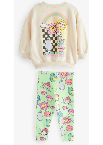 Yeni Sezon Kız Çocuk Baskılı Pamuklu Sweatshirt ve Fitilli Taytlı Alt-Üst 2'li Takım fırsatları