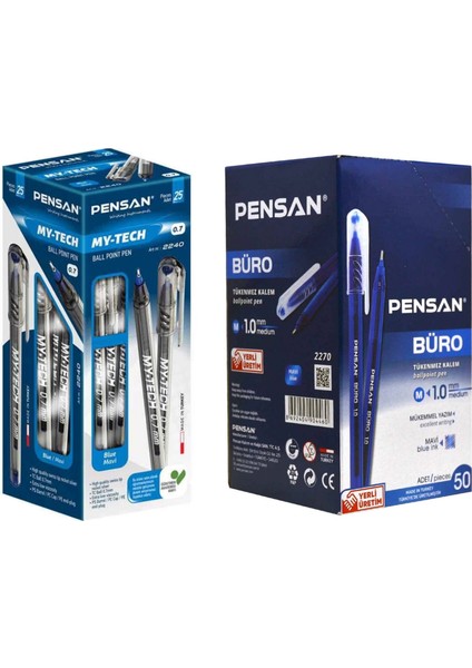 Büro Mavi Tükenmez Kalem 50'li Paket + Pensan My-Tech Mavi Tükenmez Kalem 25'li Paket
