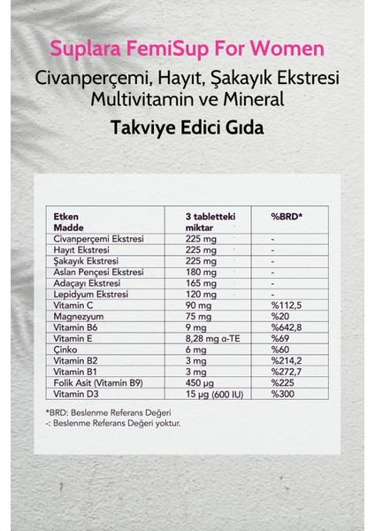 Femisup For Women Civanperçemi, Hayıt, Şakayık Ekstresi, Multivitamin Mineral Gıda Takviyesi