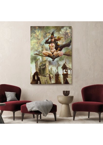 Çıplak Cadı Süpürgeye Biniyor, Cadılar Bayramı Gotik Sanatı, Kanvas TABLO-5288